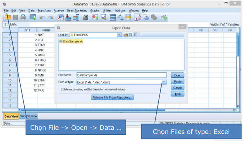 Mở file có định dạng Excel chứa số liệu cần thực hiện phân tích