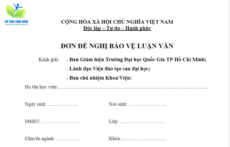 Mẫu đơn xin gia hạn bảo vệ luận văn thạc sĩ Đại học Quốc gia Thành phố Hồ Chí Minh