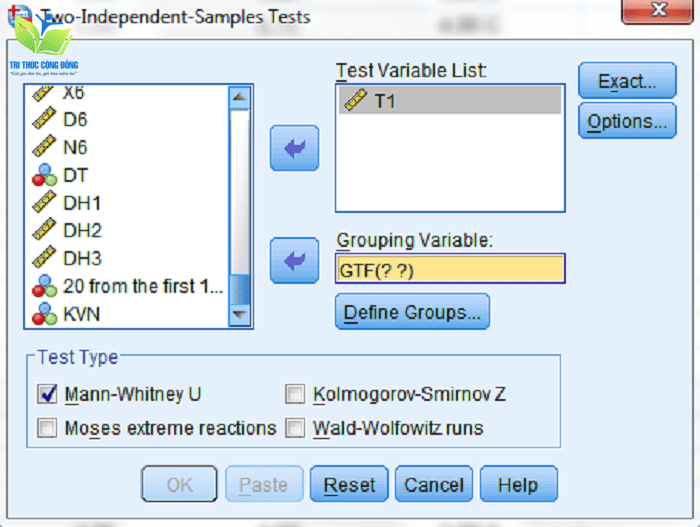 Bước 2: Đưa biến T1 vào ô Test Variable List, đồng thời đưa biến GTF vào ô Grouping Variable, sau đó chọn Mann-Whitney U
