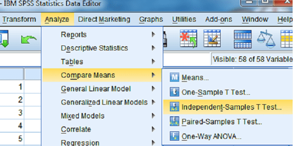 Chọn Analyze > Compare Means > Independent-Sample T Test